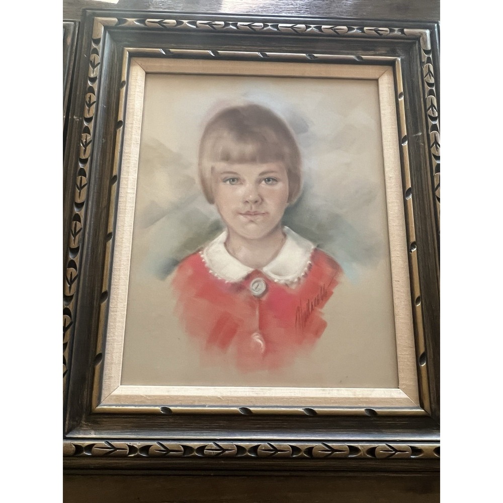 Original 1950 Creepy Child Portrait  Pastel Fine Art Vintage Halloween Art